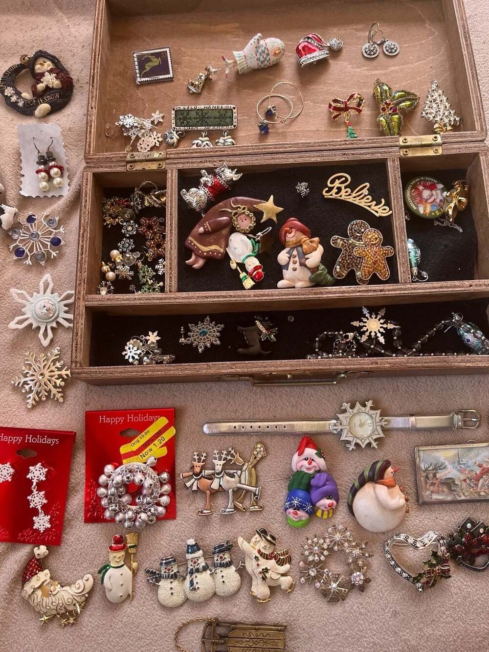 Huge Christmas Holiday Jewelry Lot with Vintage Warner's Artist's Set Wooden Box